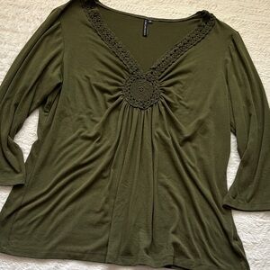 Olive Crochet-Trim V-Neck Women’s Top